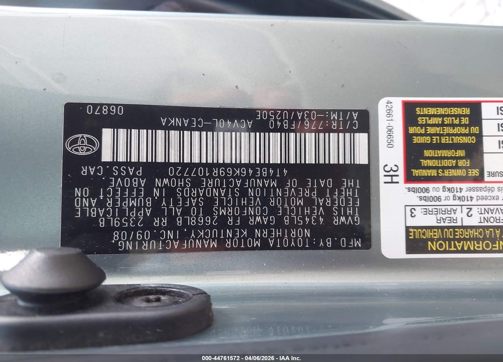 2009 TOYOTA CAMRY LE VIN: 4T4BE46K69R107720