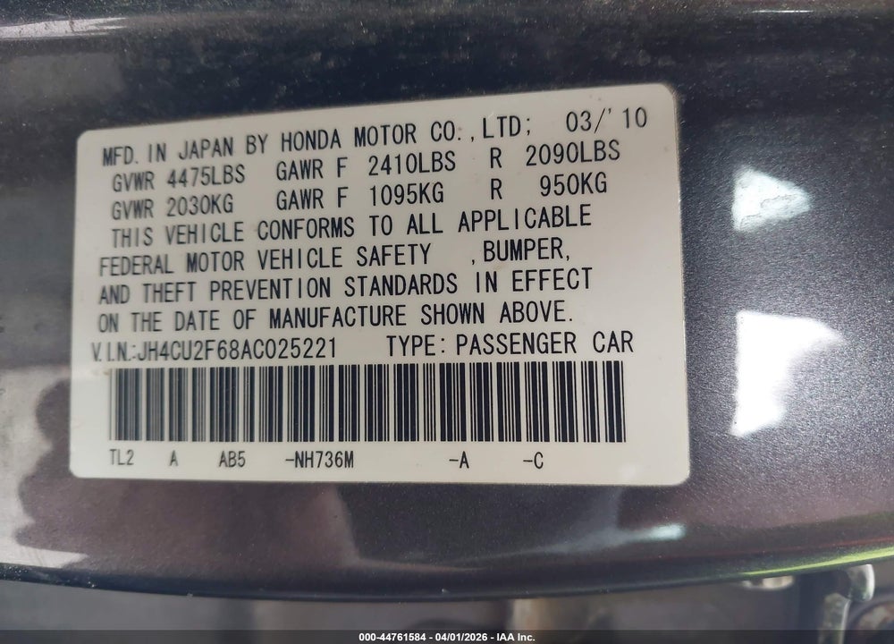 2010 ACURA TSX 2.4 VIN: JH4CU2F68AC025221