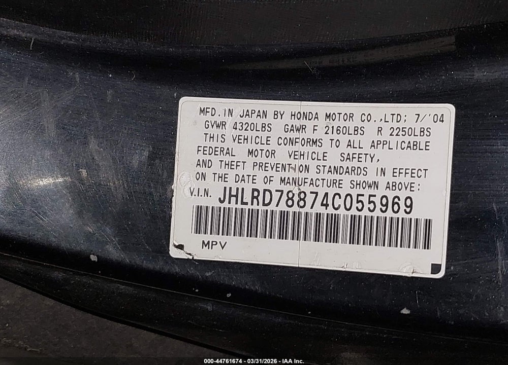 2004 HONDA CR-V EX VIN: JHLRD78874C055969
