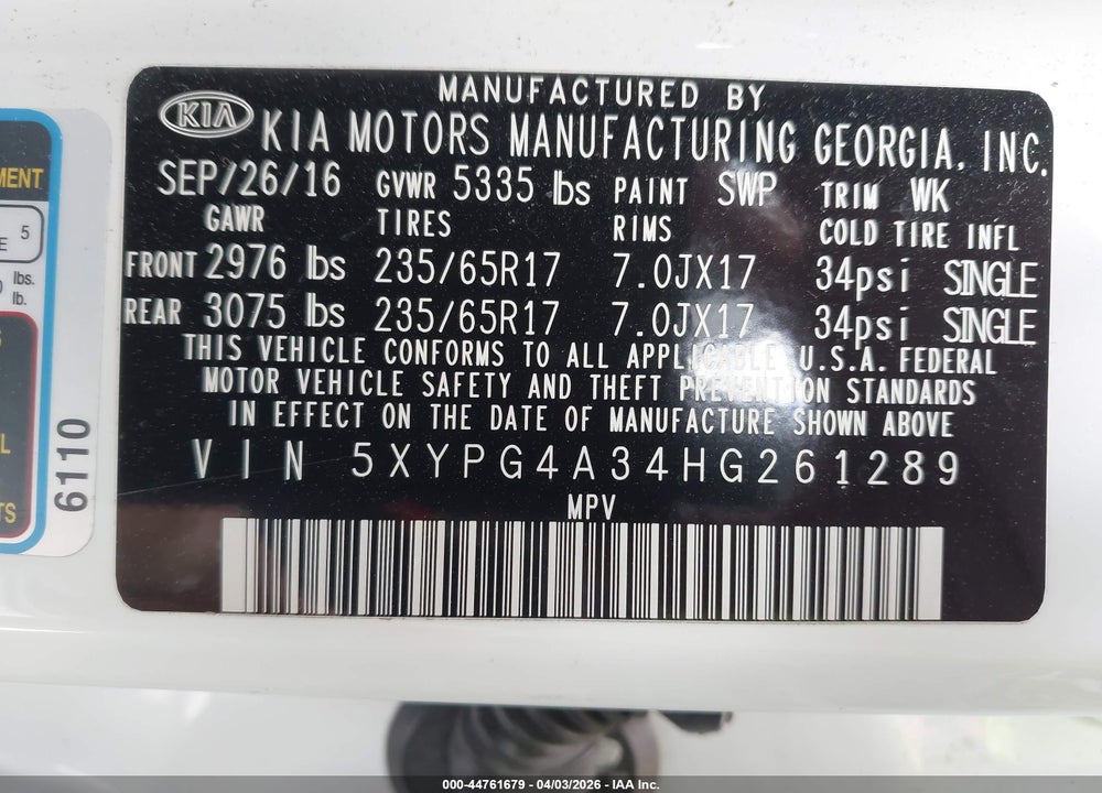 2017 KIA SORENTO 2.4L LX VIN: 5XYPG4A34HG261289