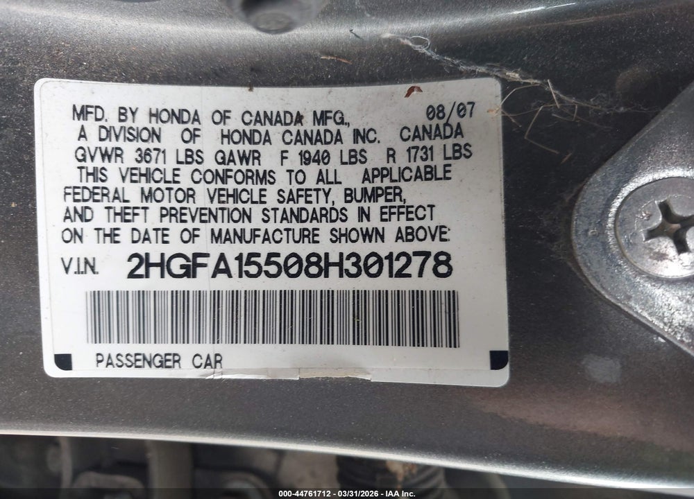 2008 HONDA CIVIC LX VIN: 2HGFA15508H301278