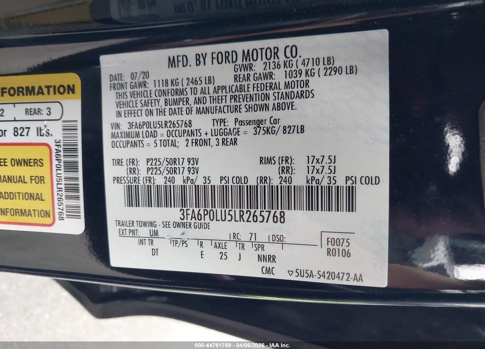 2020 FORD FUSION HYBRID SE VIN: 3FA6P0LU5LR265768