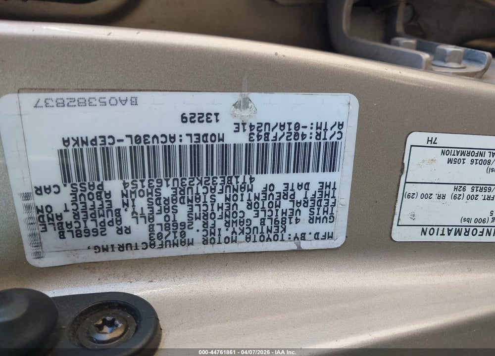 2003 TOYOTA CAMRY LE VIN: 4T1BE32K23U163154