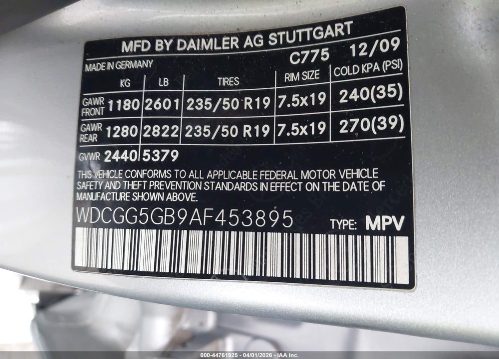 2010 MERCEDES-BENZ GLK-CLASS GLK 350 VIN: WDCGG5GB9AF453895