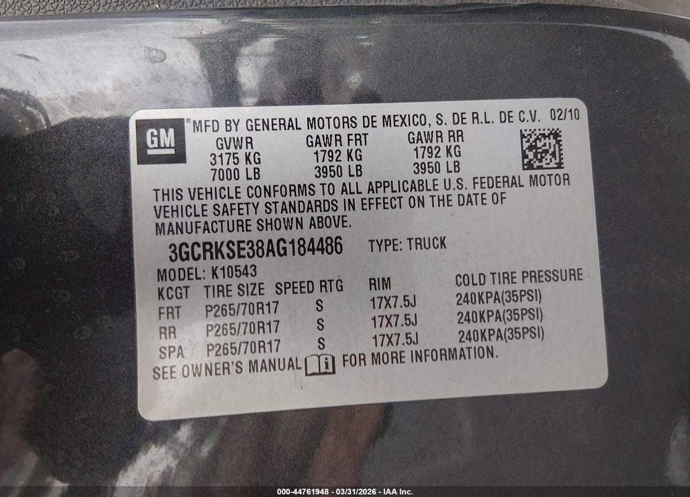 2010 CHEVROLET SILVERADO 1500 LT VIN: 3GCRKSE38AG184486