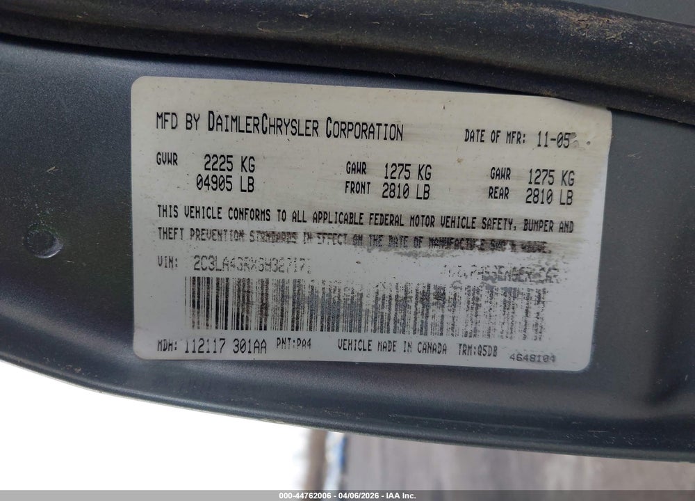 2006 CHRYSLER 300 VIN: 2C3LA43RX6H327171