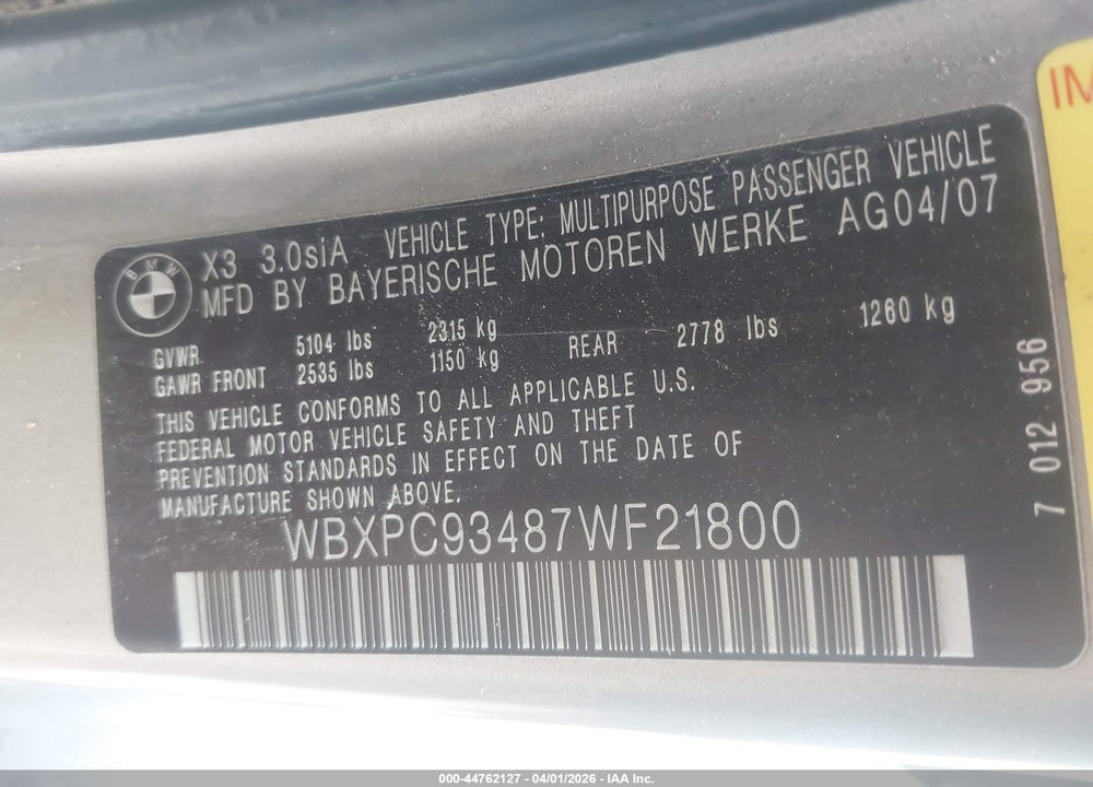 2007 BMW X3 3.0SI VIN: WBXPC93487WF21800
