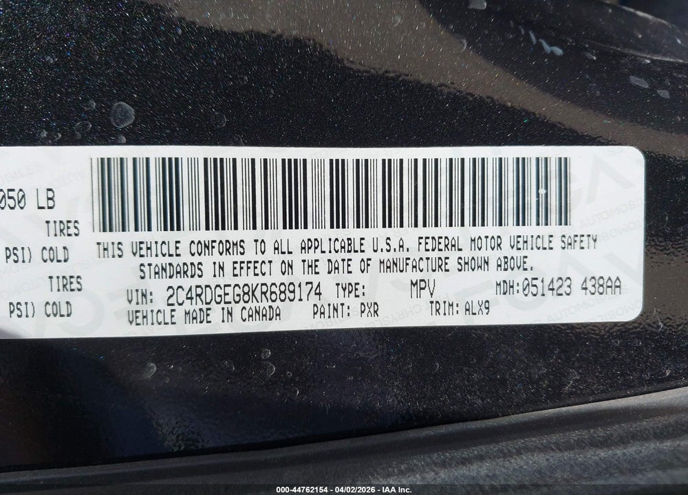 2019 DODGE GRAND CARAVAN GT VIN: 2C4RDGEG8KR689174