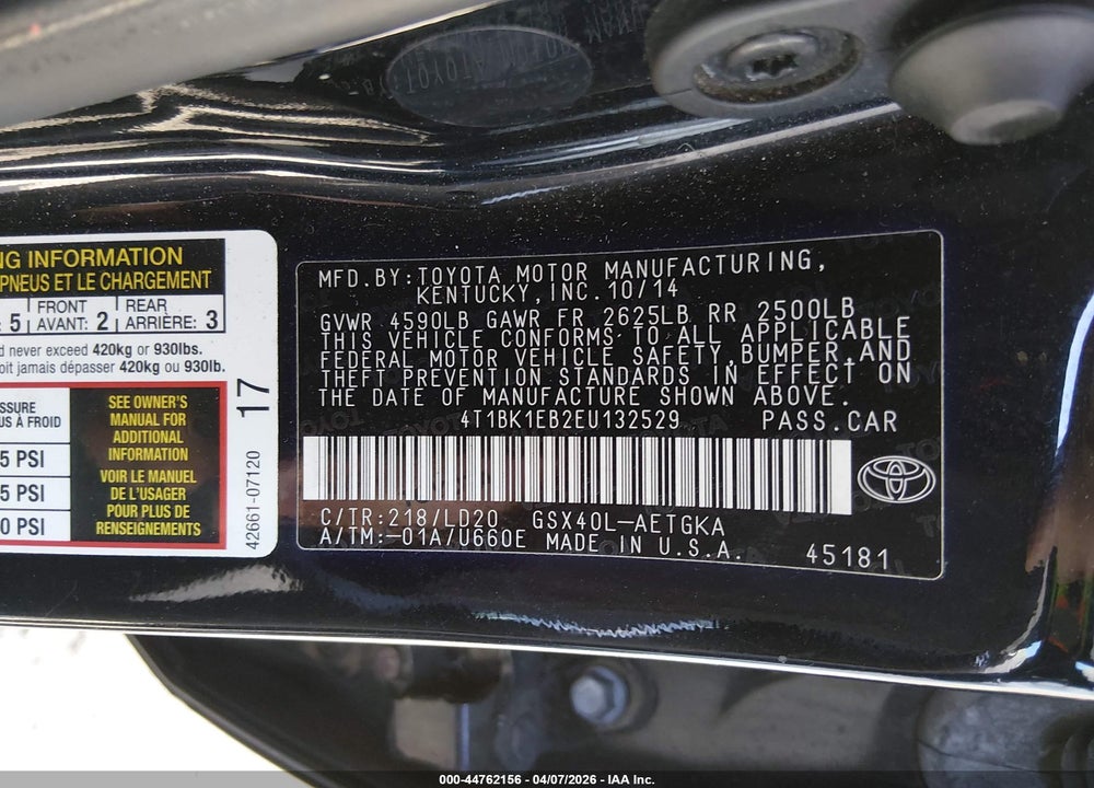 2014 TOYOTA AVALON XLE VIN: 4T1BK1EB2EU132529