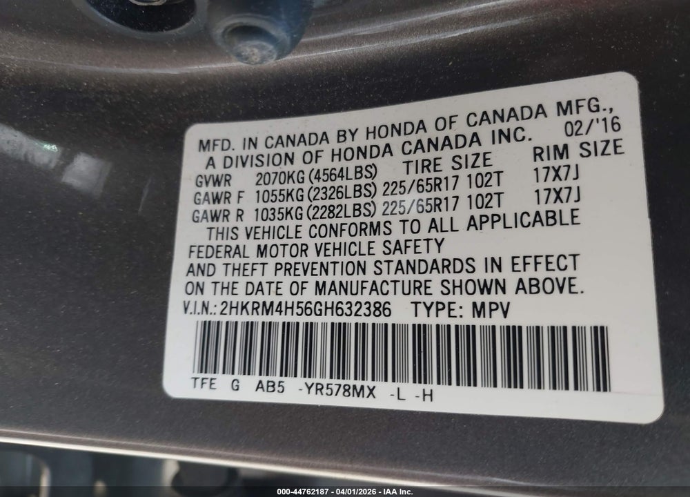 2016 HONDA CR-V EX VIN: 2HKRM4H56GH632386