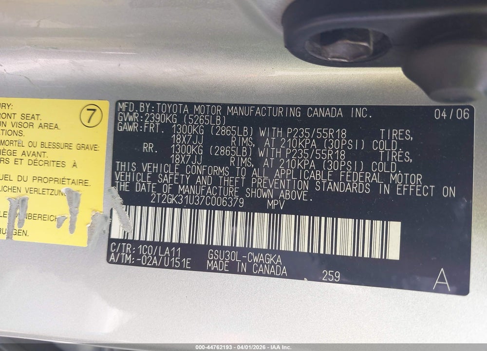 2007 LEXUS RX 350 VIN: 2T2GK31U37C006379