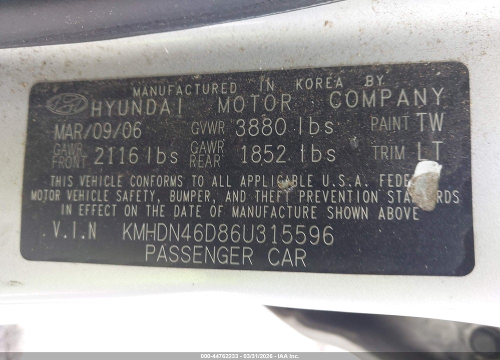 2006 HYUNDAI ELANTRA GLS/LIMITED VIN: KMHDN46D86U315596
