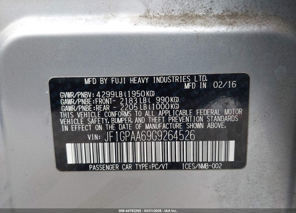 2016 SUBARU IMPREZA 2.0I VIN: JF1GPAA69G9264526