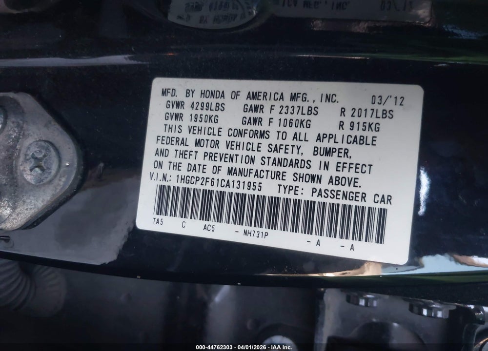 2012 HONDA ACCORD SE VIN: 1HGCP2F61CA131955