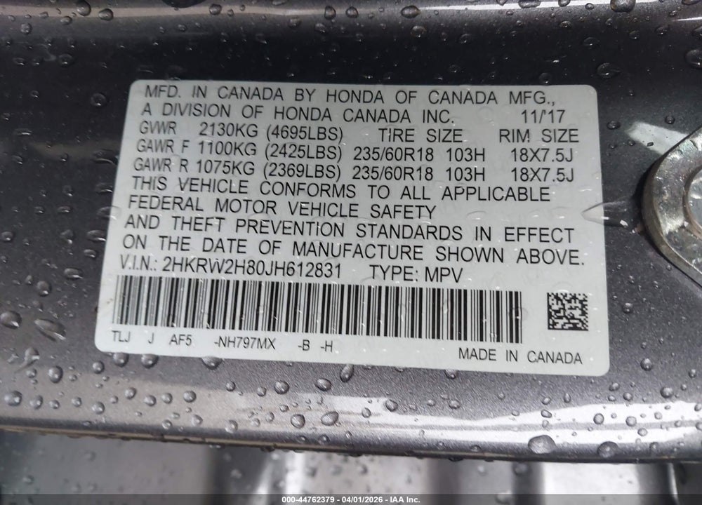 2018 HONDA CR-V EX-L/EX-L NAVI VIN: 2HKRW2H80JH612831
