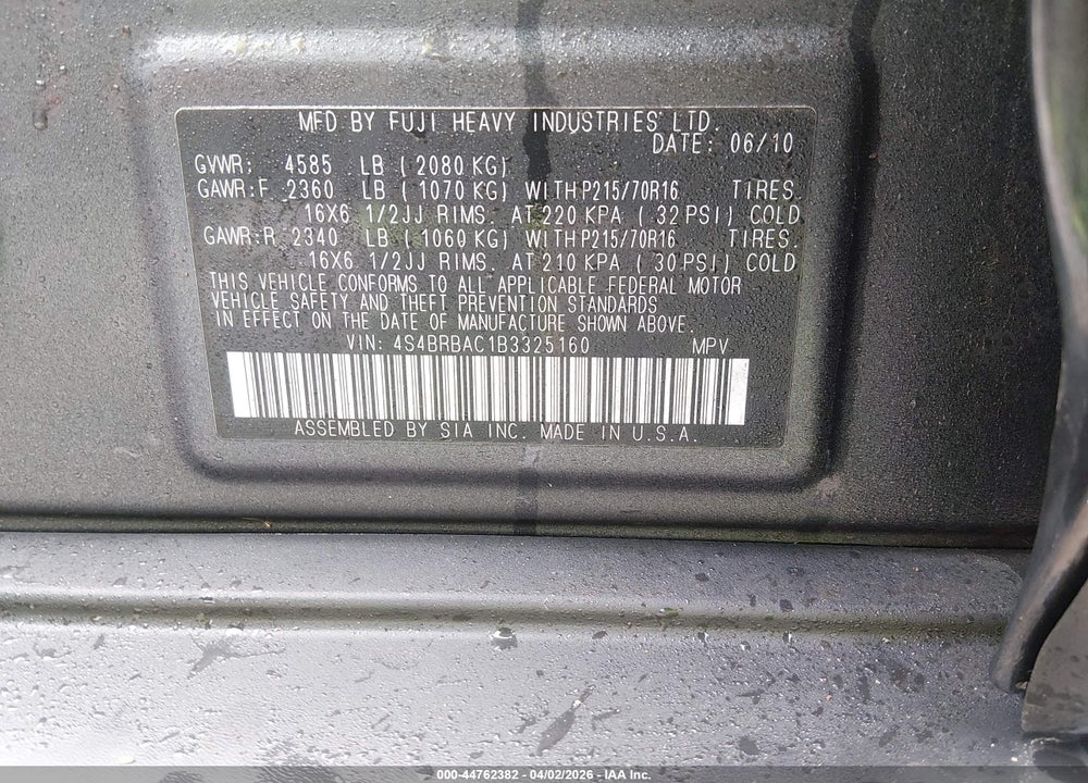 2011 SUBARU OUTBACK 2.5I VIN: 4S4BRBAC1B3325160