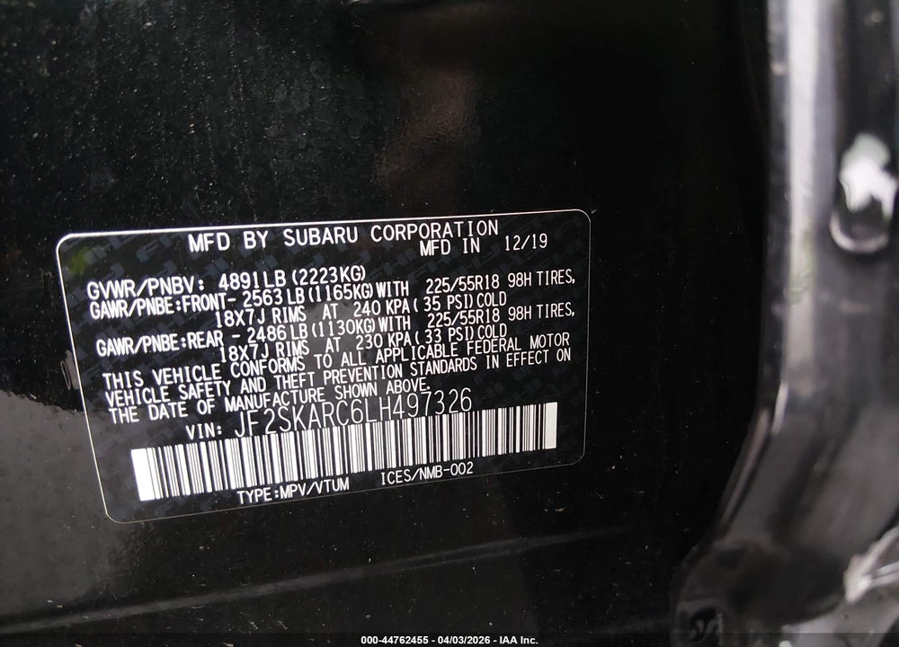 2020 SUBARU FORESTER SPORT VIN: JF2SKARC6LH497326