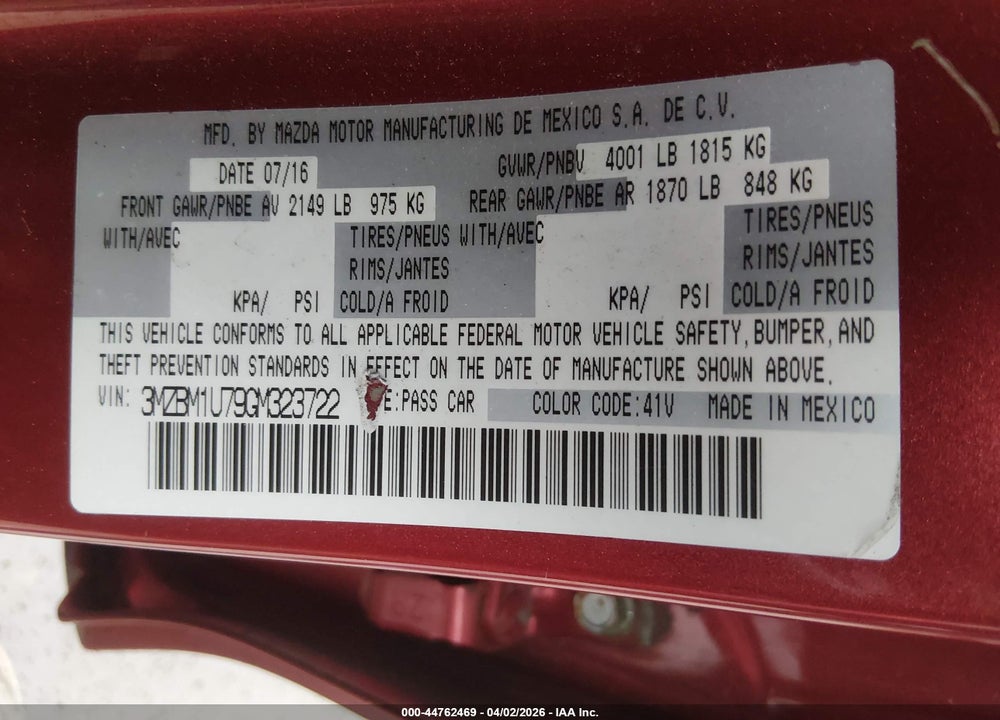 2016 MAZDA 3 I SPORT VIN: 3MZBM1U79GM323722