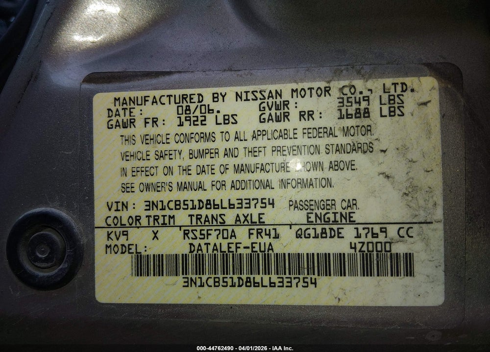 2006 NISSAN SENTRA 1.8S VIN: 3N1CB51D86L633754