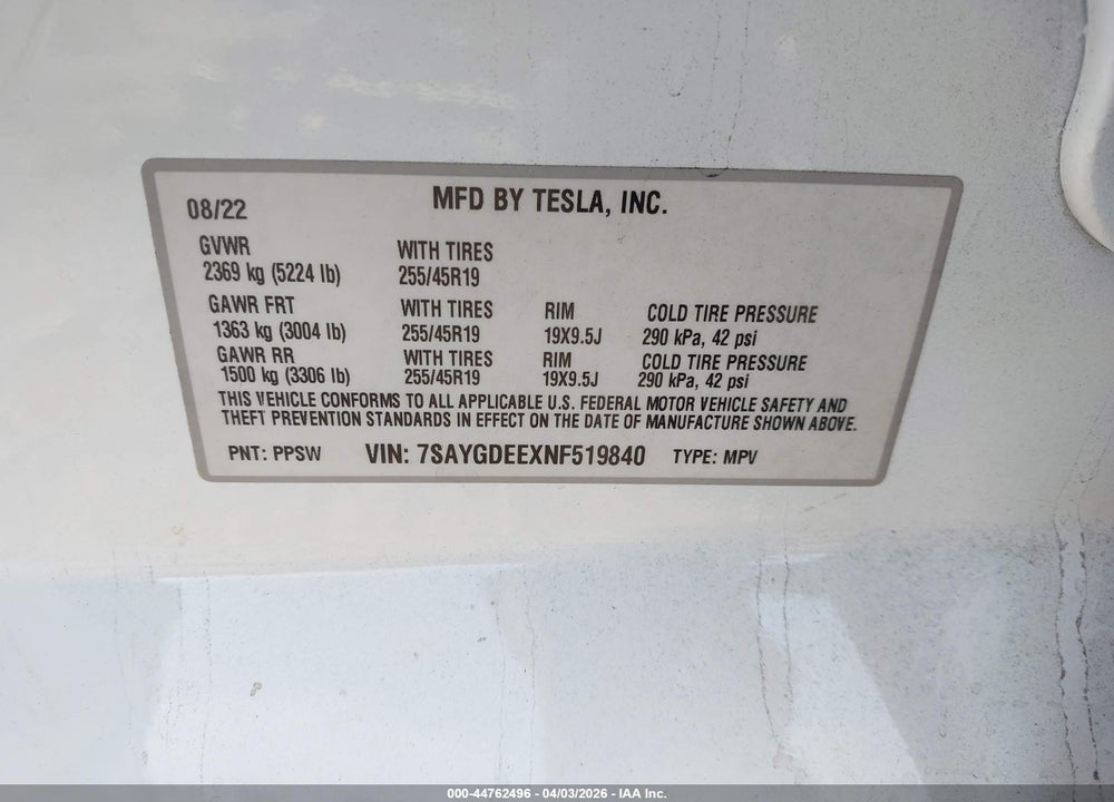2022 TESLA MODEL Y LONG RANGE DUAL MOTOR ALL-WHEEL DRIVE VIN: 7SAYGDEEXNF519840