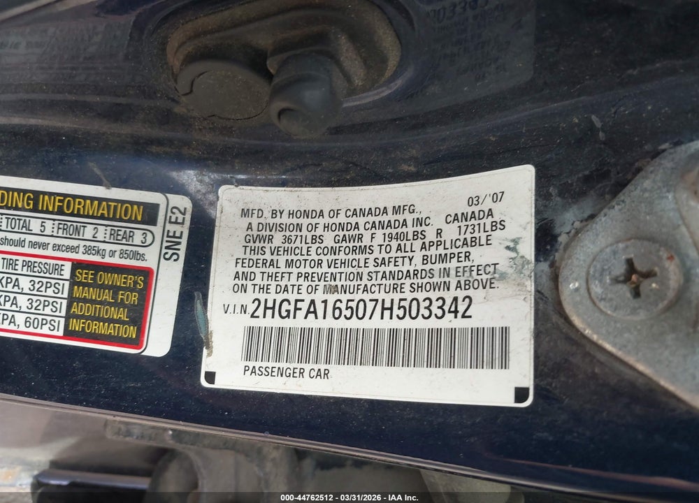 2007 HONDA CIVIC LX VIN: 2HGFA16507H503342