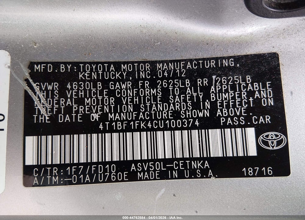 2012 TOYOTA CAMRY LE VIN: 4T1BF1FK4CU100374