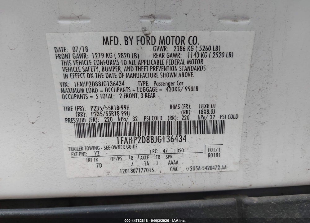 2018 FORD TAURUS SE VIN: 1FAHP2D88JG136434