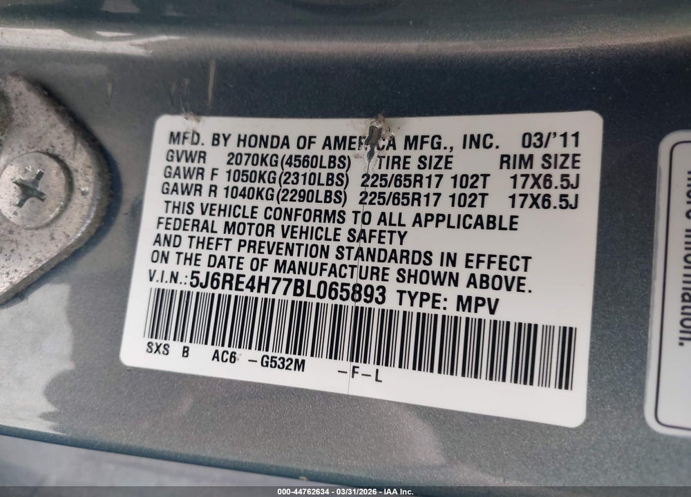 2011 HONDA CR-V EX-L VIN: 5J6RE4H77BL065893