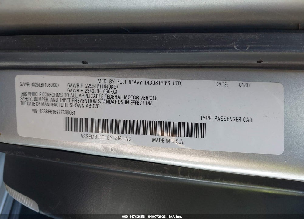 2007 SUBARU LEGACY 2.5I VIN: 4S3BP616977339061