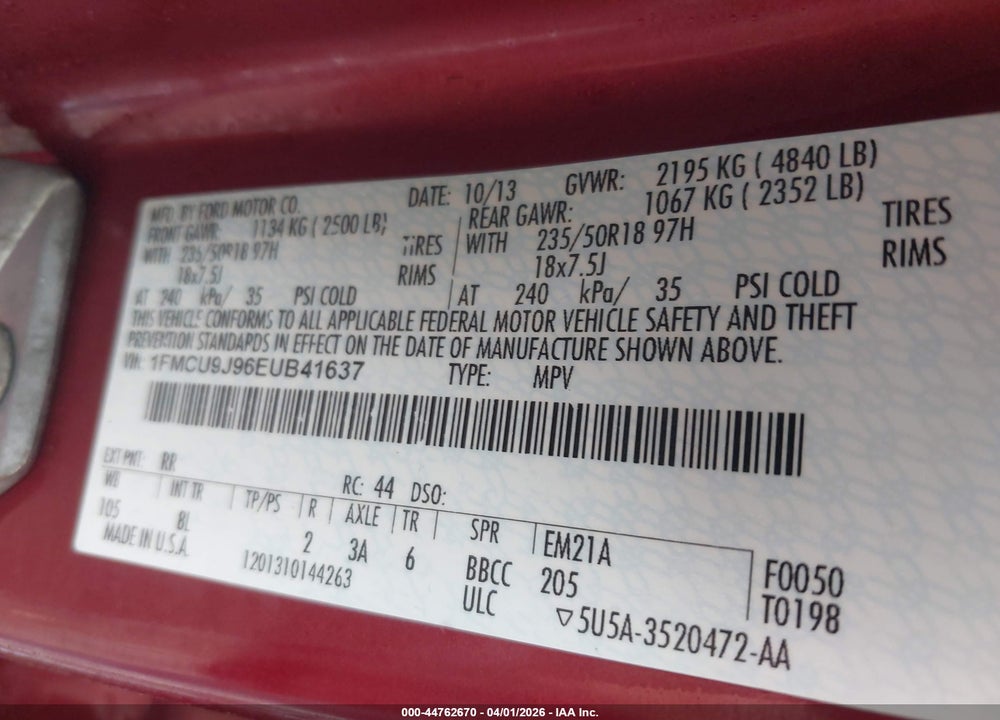 2014 FORD ESCAPE TITANIUM VIN: 1FMCU9J96EUB41637