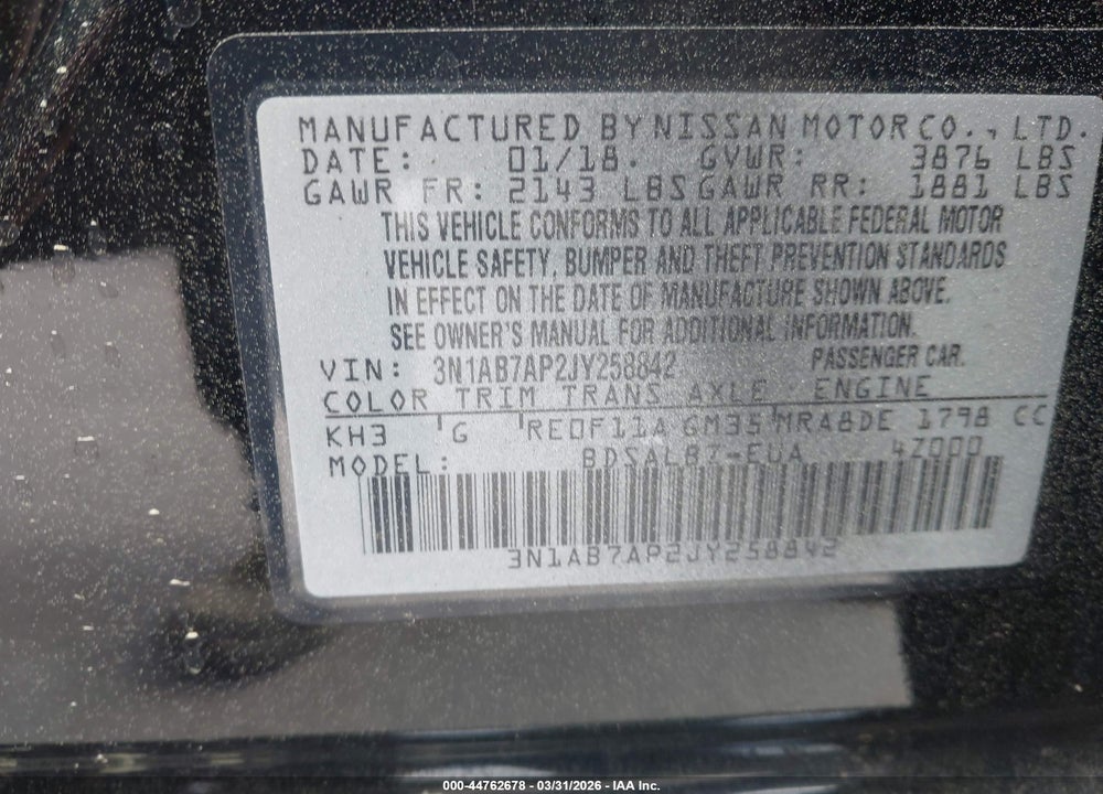 2018 NISSAN SENTRA S VIN: 3N1AB7AP2JY258842