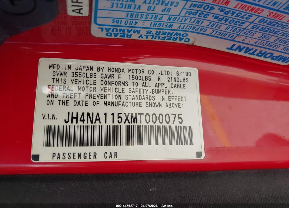 1991 ACURA NSX VIN: JH4NA115XMT000075