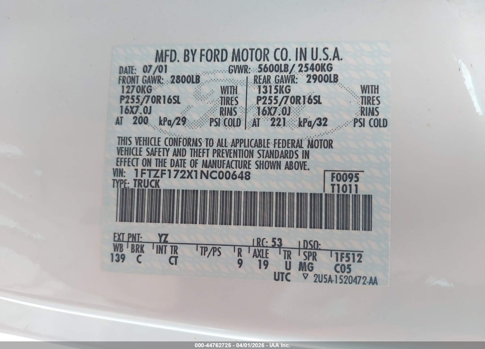 2001 FORD F-150 XL/XLT VIN: 1FTZF172X1NC00648