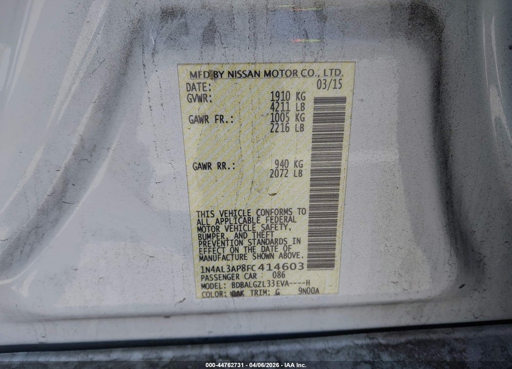 2015 NISSAN ALTIMA 2.5 S VIN: 1N4AL3AP8FC414603