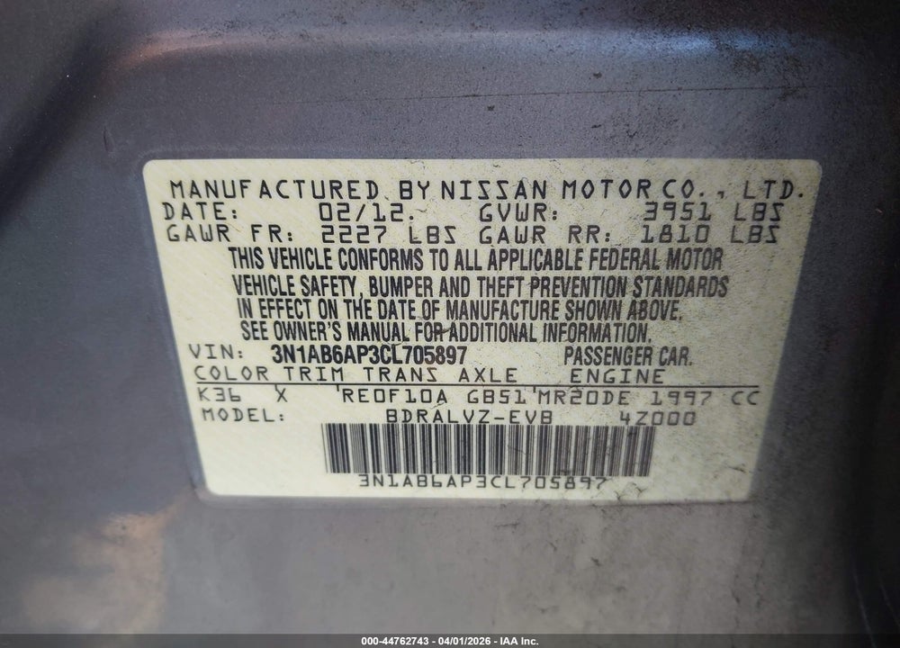 2012 NISSAN SENTRA 2.0 SL VIN: 3N1AB6AP3CL705897