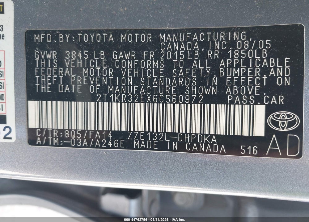 2006 TOYOTA MATRIX VIN: 2T1KR32EX6C560972