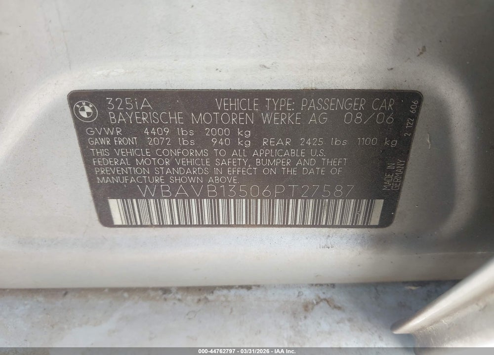 2006 BMW 325I VIN: WBAVB13506PT27587