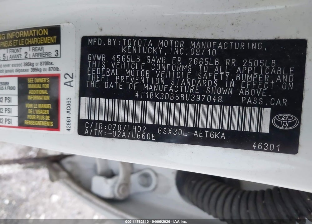 2011 TOYOTA AVALON VIN: 4T1BK3DB5BU397048
