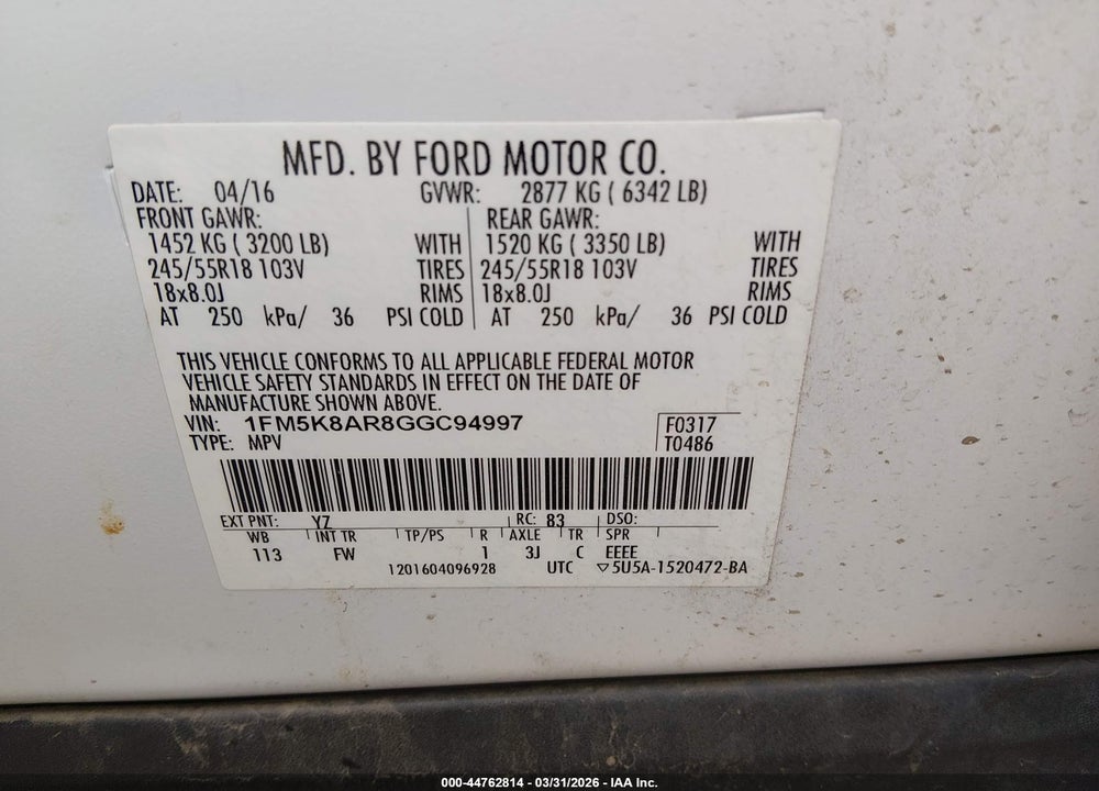 2016 FORD UTILITY POLICE INTERCEPTOR VIN: 1FM5K8AR8GGC94997