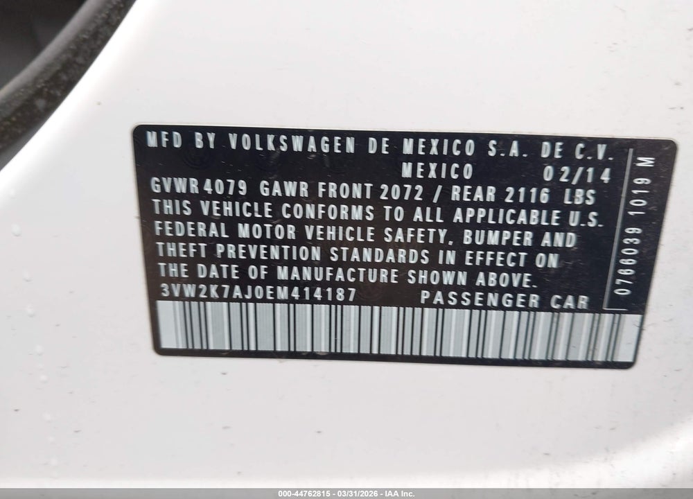 2014 VOLKSWAGEN JETTA 2.0L S VIN: 3VW2K7AJ0EM414187