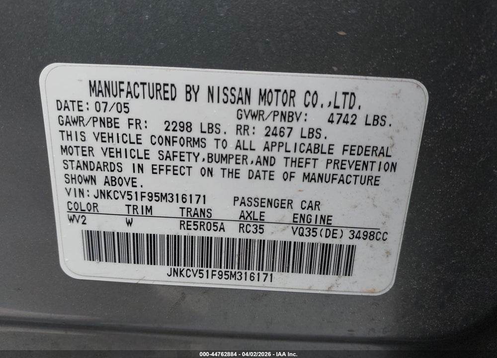 2005 INFINITI G35X VIN: JNKCV51F95M316171