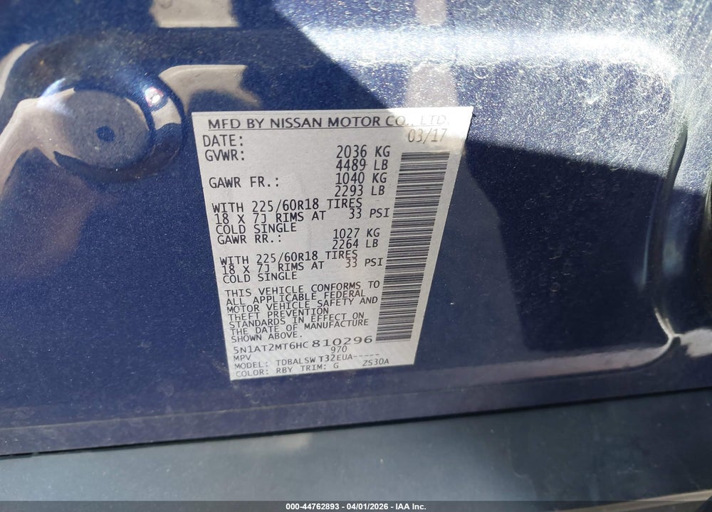 2017 NISSAN ROGUE SL VIN: 5N1AT2MT6HC810296