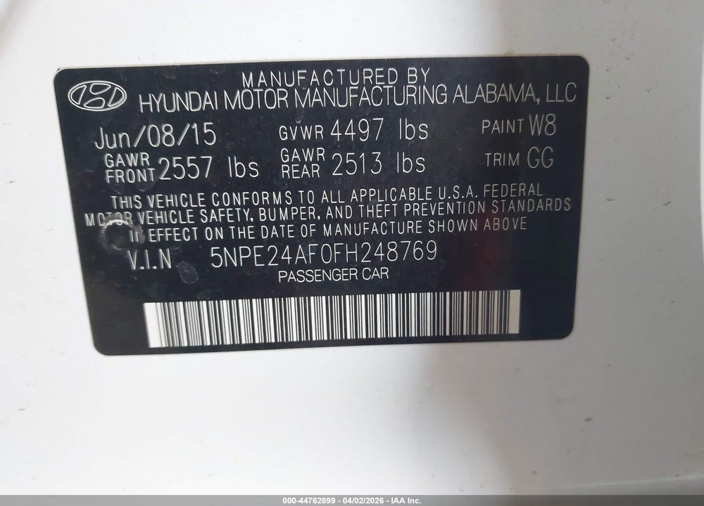 2015 HYUNDAI SONATA SE VIN: 5NPE24AF0FH248769