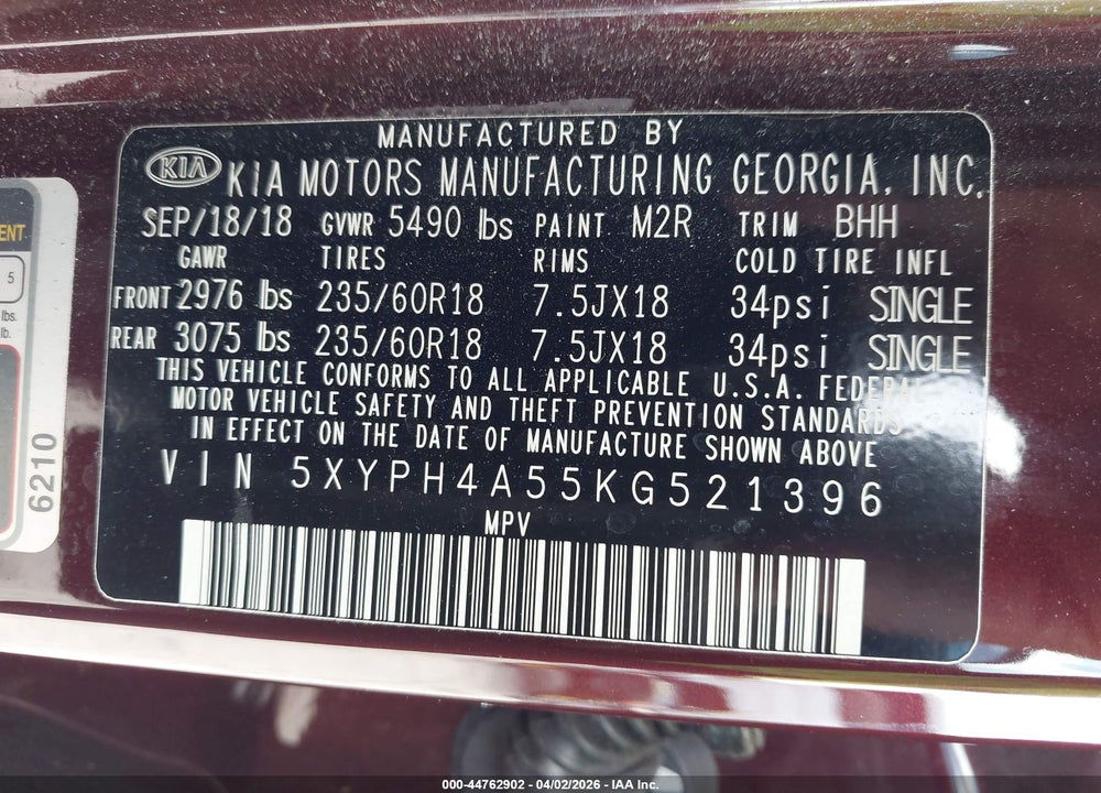 2019 KIA SORENTO 3.3L EX VIN: 5XYPH4A55KG521396