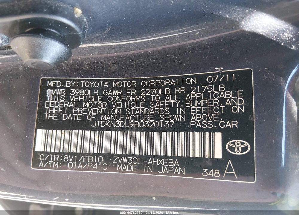 2011 TOYOTA PRIUS TWO VIN: JTDKN3DU9B0320137