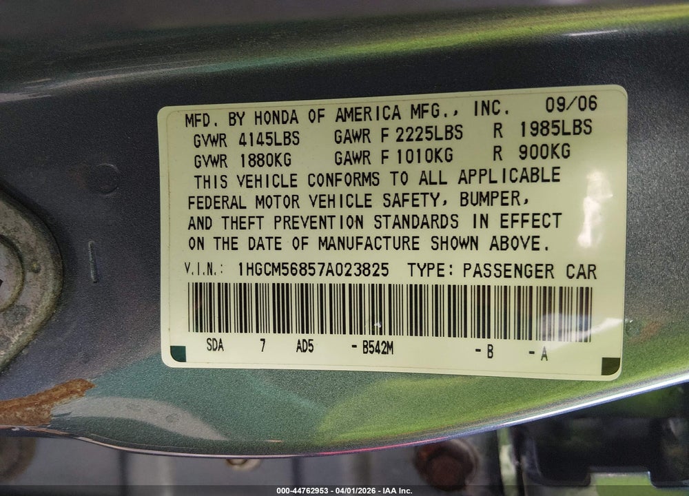 2007 HONDA ACCORD EX VIN: 1HGCM56857A023825