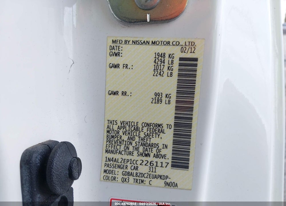 2012 NISSAN ALTIMA 2.5 S VIN: 1N4AL2EP1CC226117