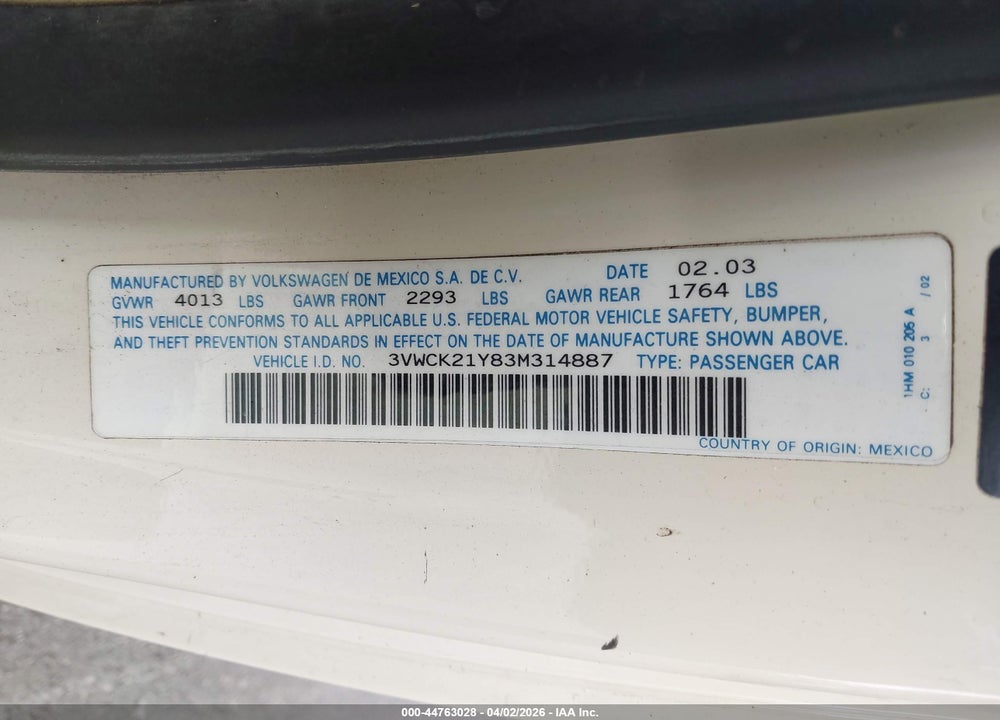 2003 VOLKSWAGEN NEW BEETLE GLS VIN: 3VWCK21Y83M314887