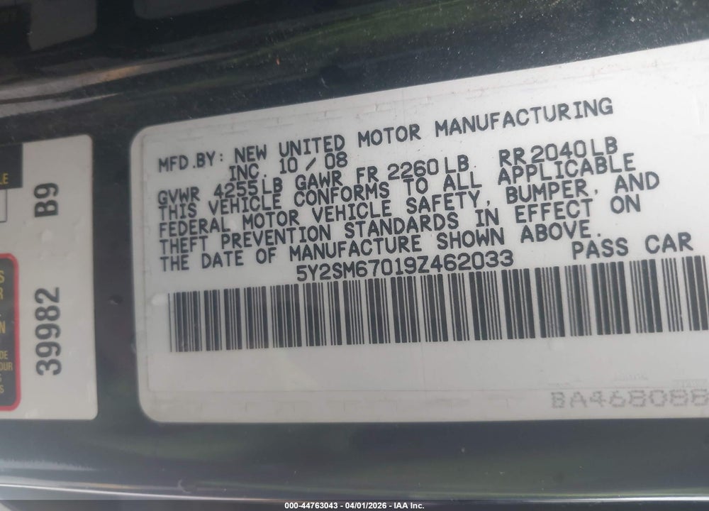 2009 PONTIAC VIBE VIN: 5Y2SM67019Z462033
