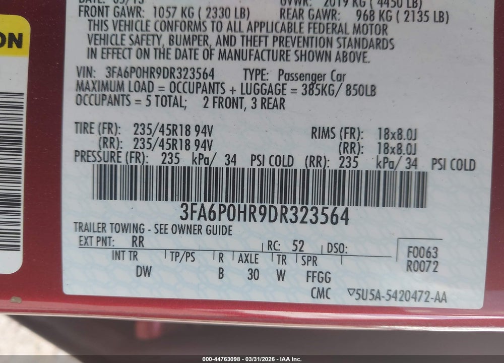 2013 FORD FUSION SE VIN: 3FA6P0HR9DR323564